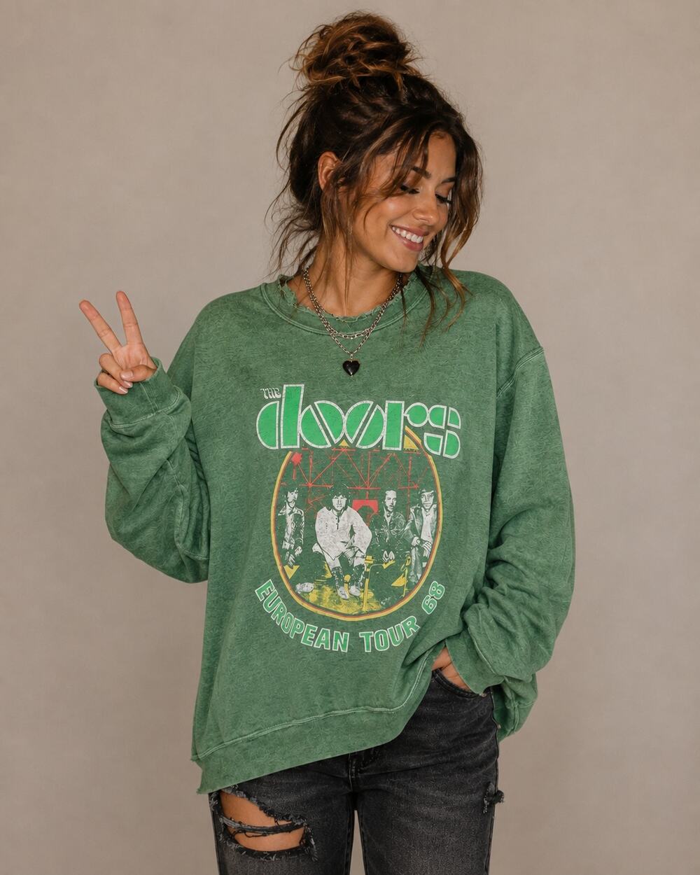 The Doors Distressed Green Band Sweatshirt Size Large